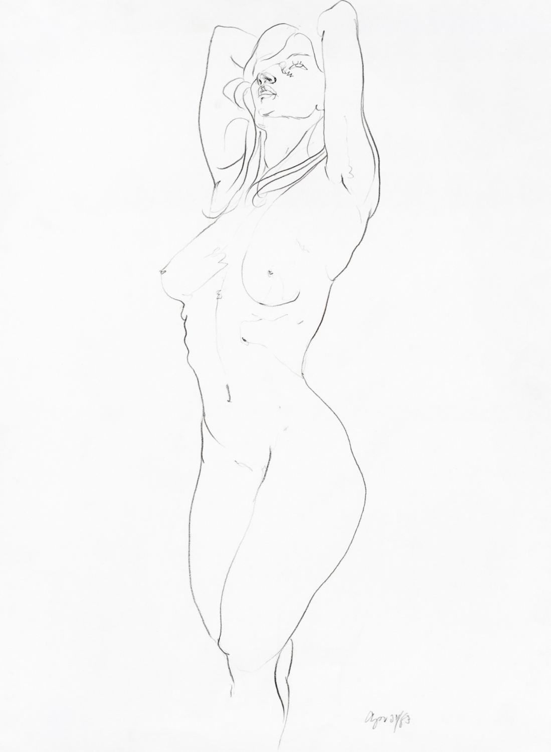 (life drawing – standing nude with hands on back of head)